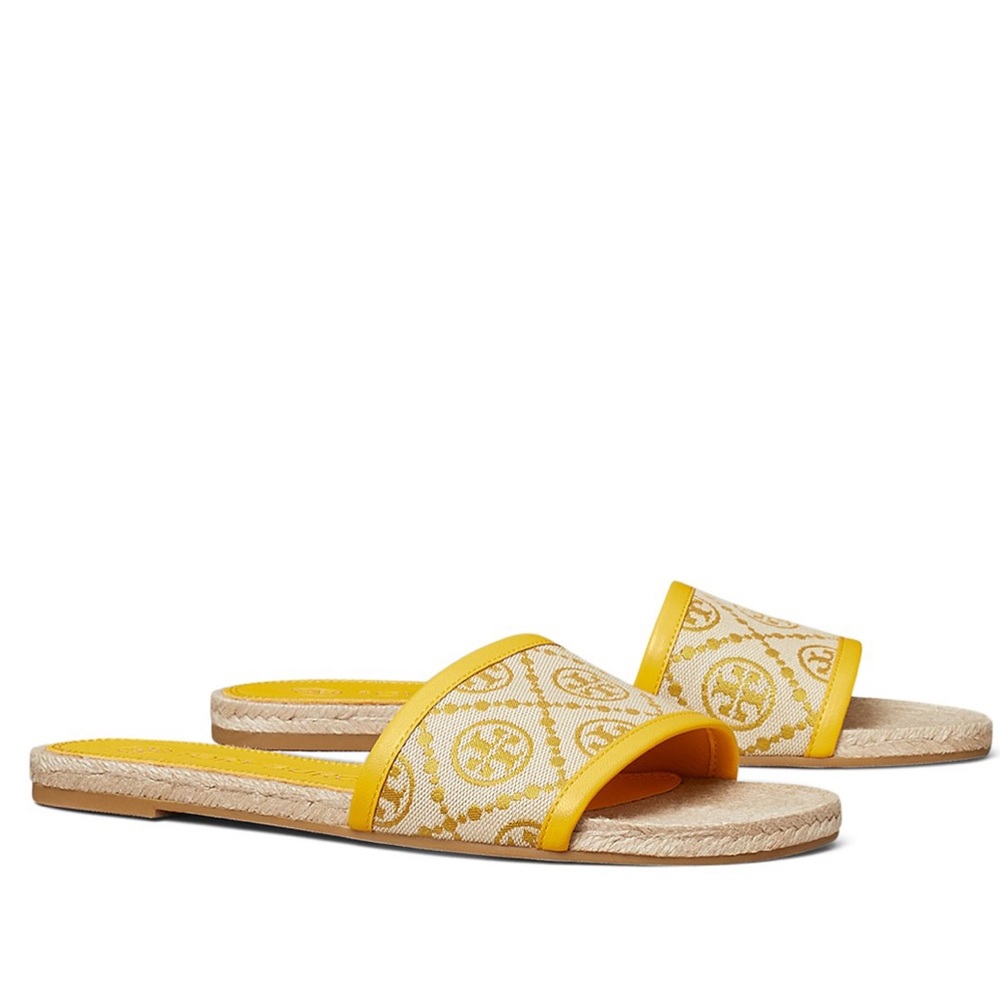 Tory Burch T Monogram Yellow Espadrille Slides 7.5M.